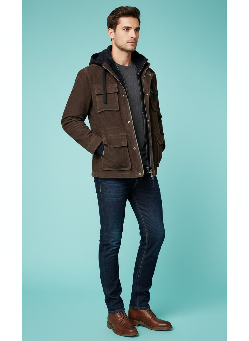 Uomo con giacca in suede marrone, jeans slim blu e scarpe stringate marroni, moda uomo elegante.
