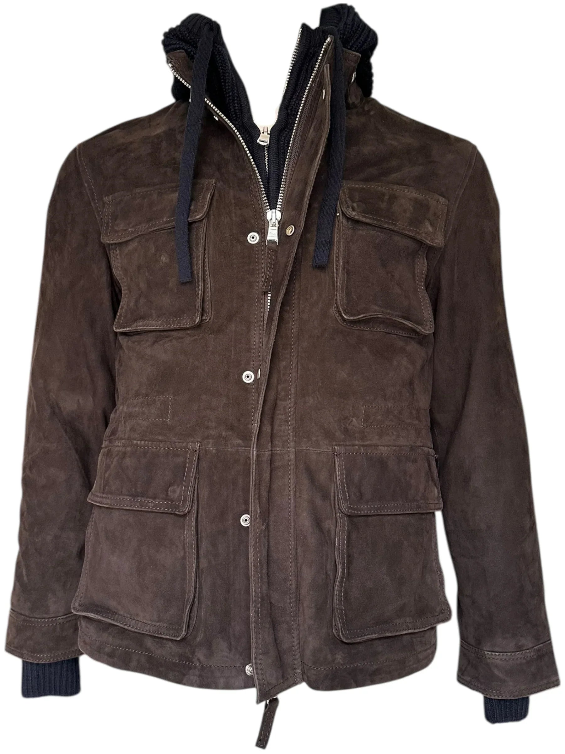 Giacca uomo in suede marrone con tasche frontali e zip, capo elegante autunno inverno