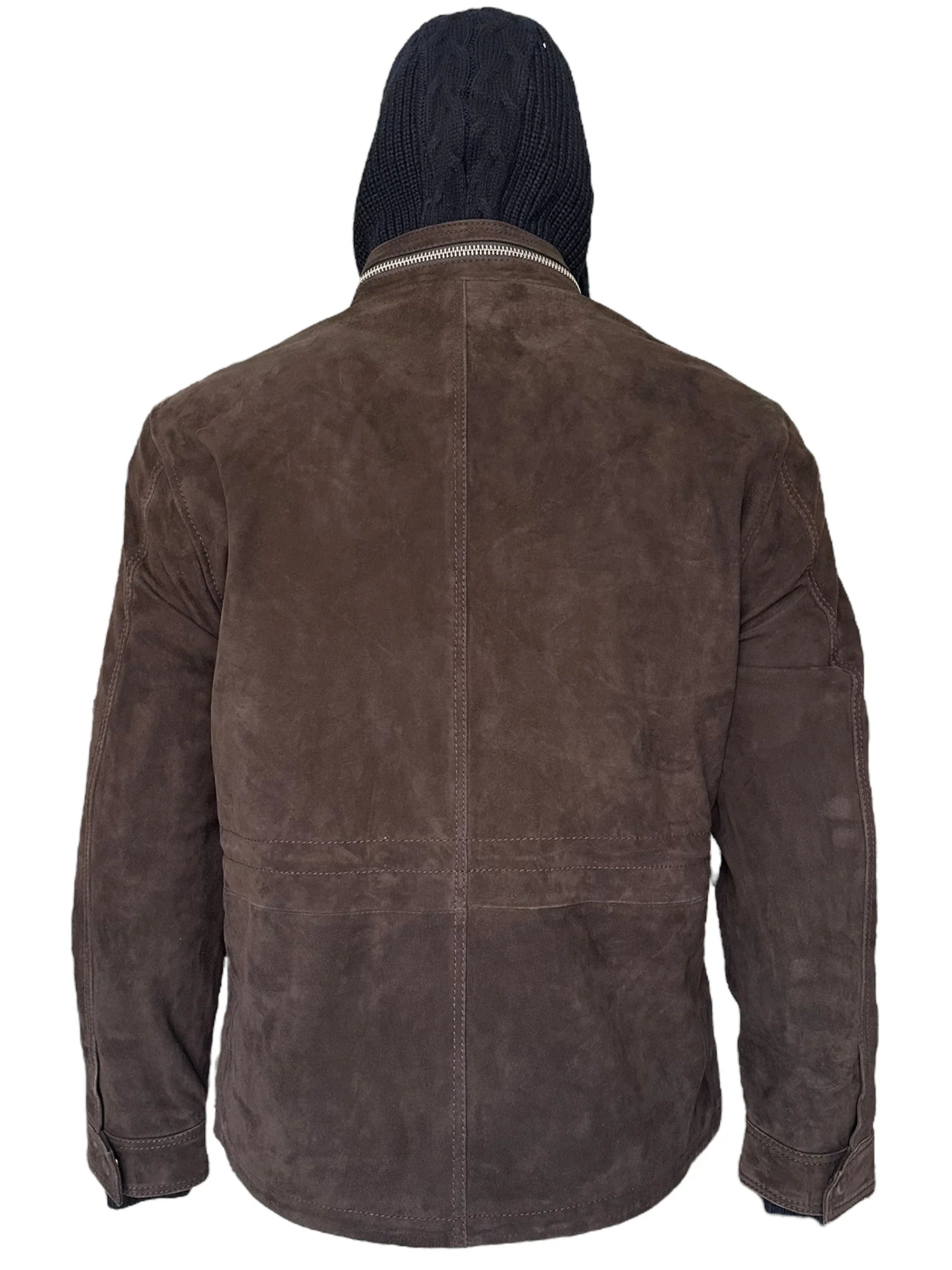 Giacca uomo in suede marrone con cappuccio maglia, vista posteriore, stile casual elegante