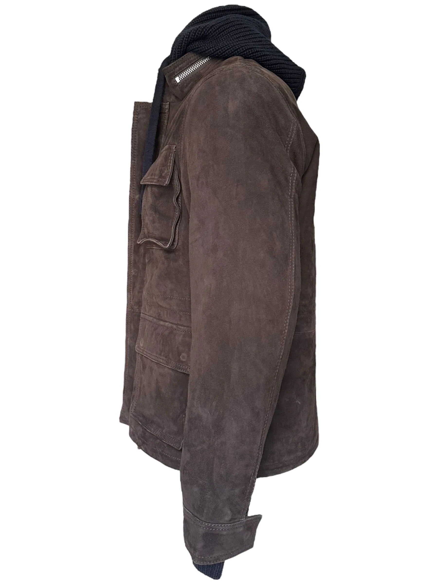 Giacca uomo in pelle scamosciata marrone con tasconi e collo in lana nera, vista laterale