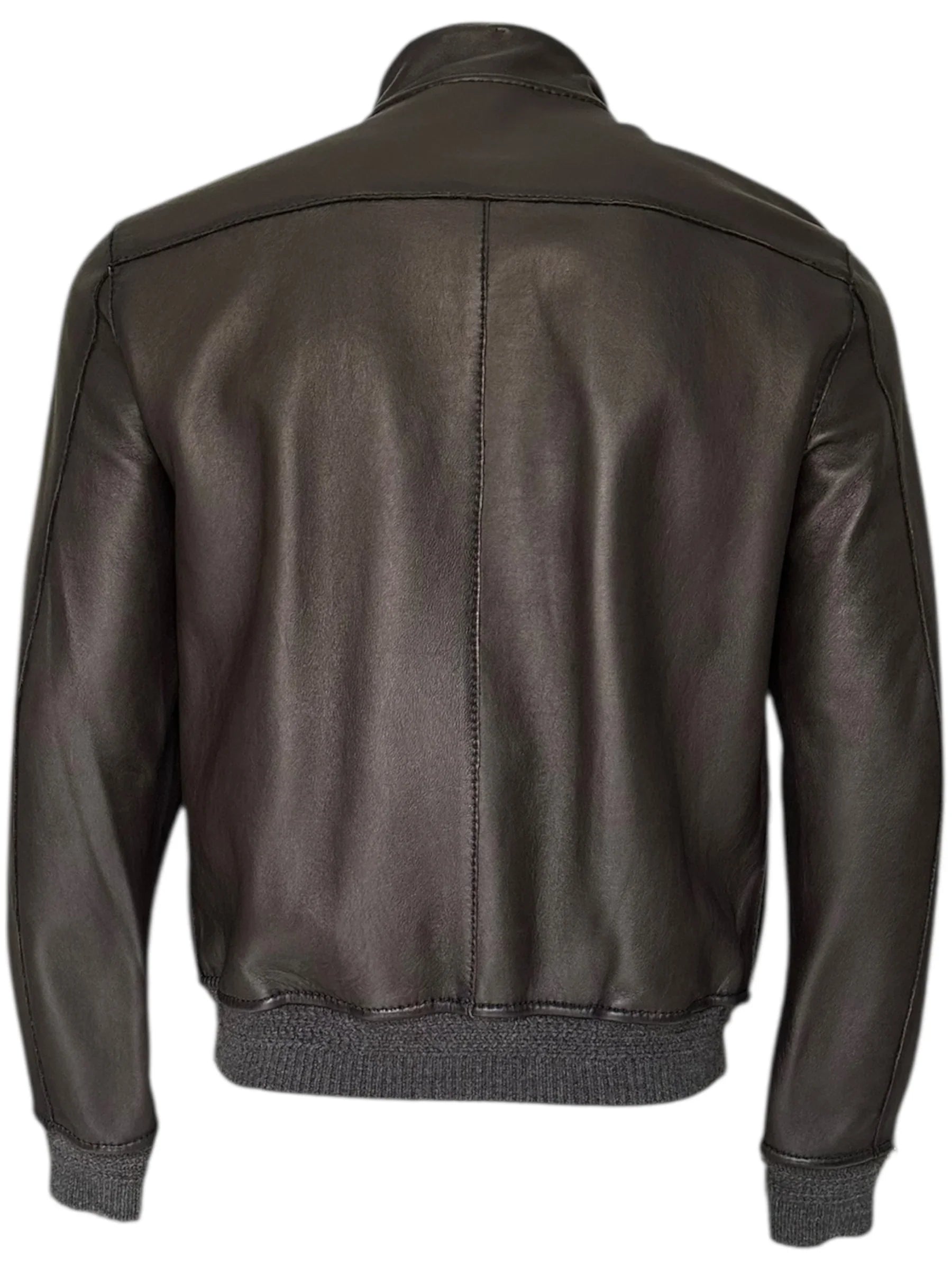 Giacca uomo in pelle nera vista retro, stile bomber, polsini e fondo elasticizzati.