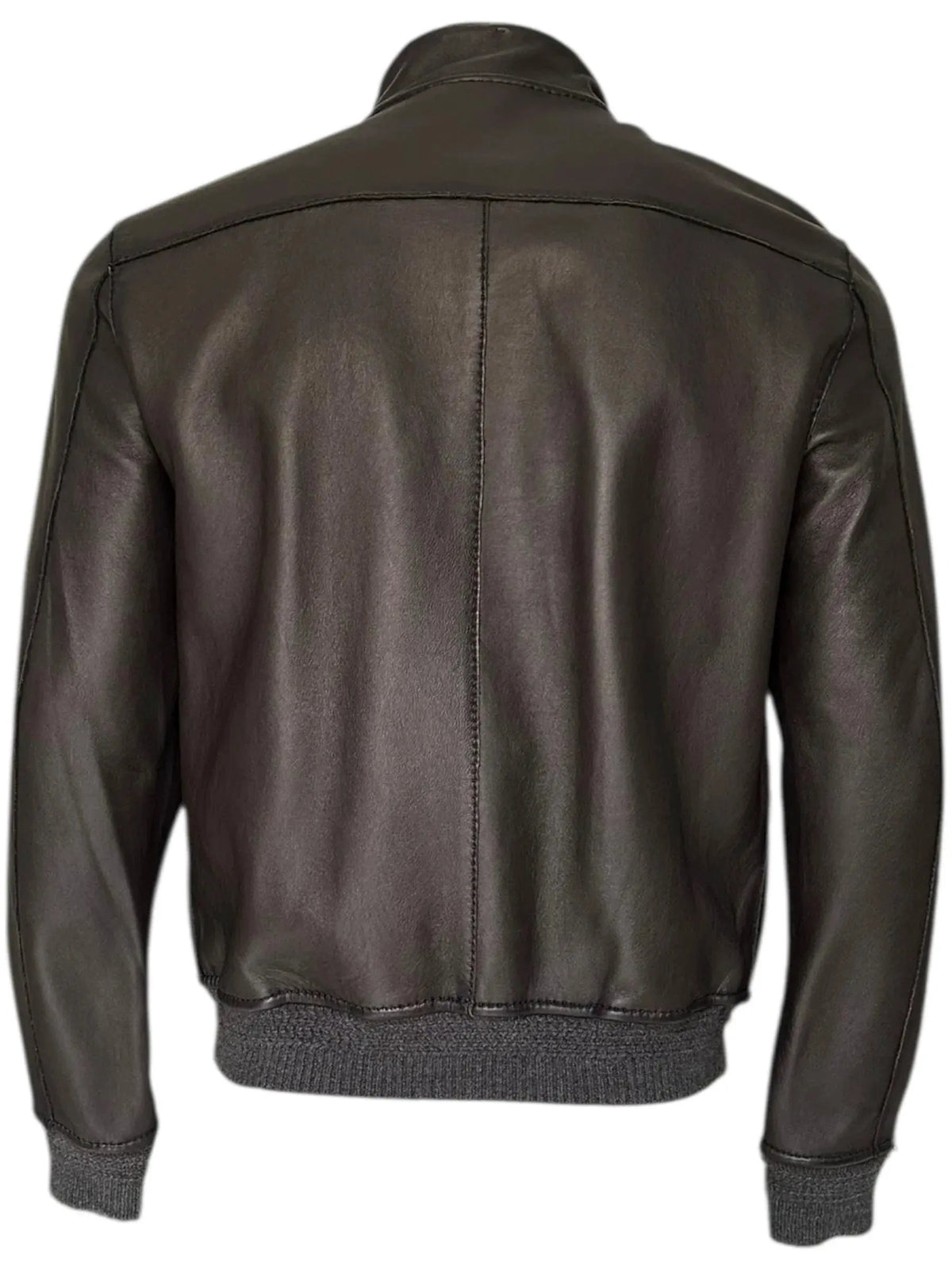 Giacca uomo in pelle nera vista retro, stile bomber, polsini e fondo elasticizzati.