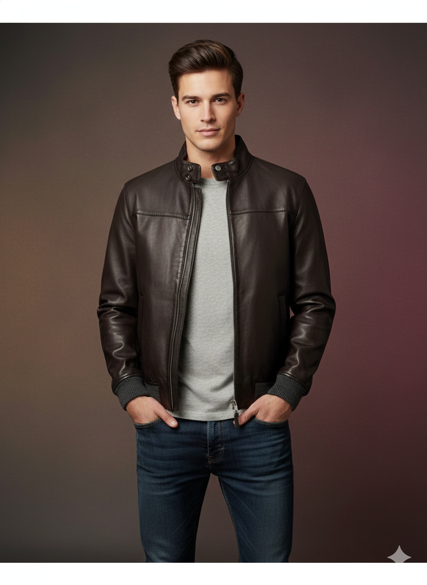 Giacca uomo in pelle marrone con zip, collo alla coreana, indossata su jeans e maglia chiara