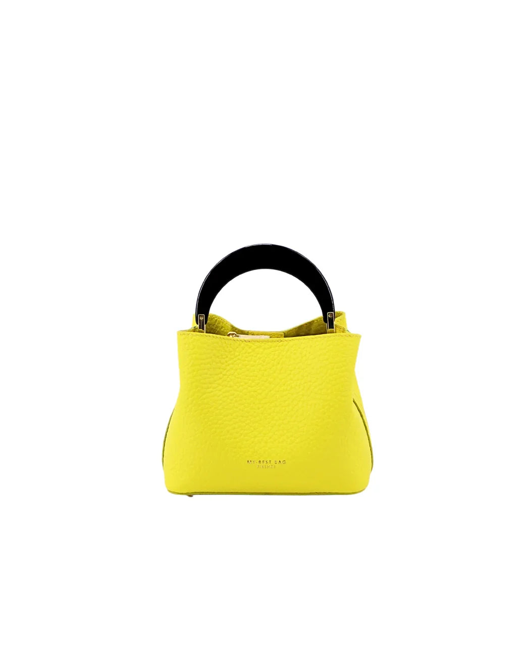 Borsa donna gialla in pelle con manico nero, stile elegante, su sfondo bianco.