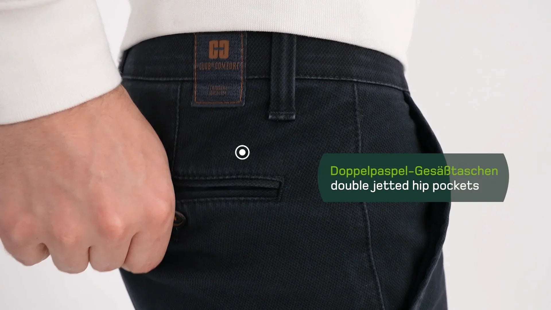 Pantaloni uomo neri con doppia tasca a filetto, dettaglio moda abbigliamento elegante