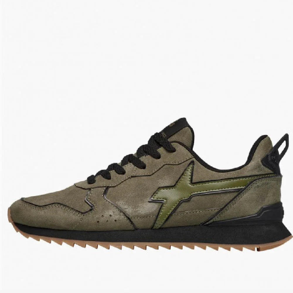 Sneaker uomo verde militare con dettagli neri, suola in gomma, stile sportivo moda