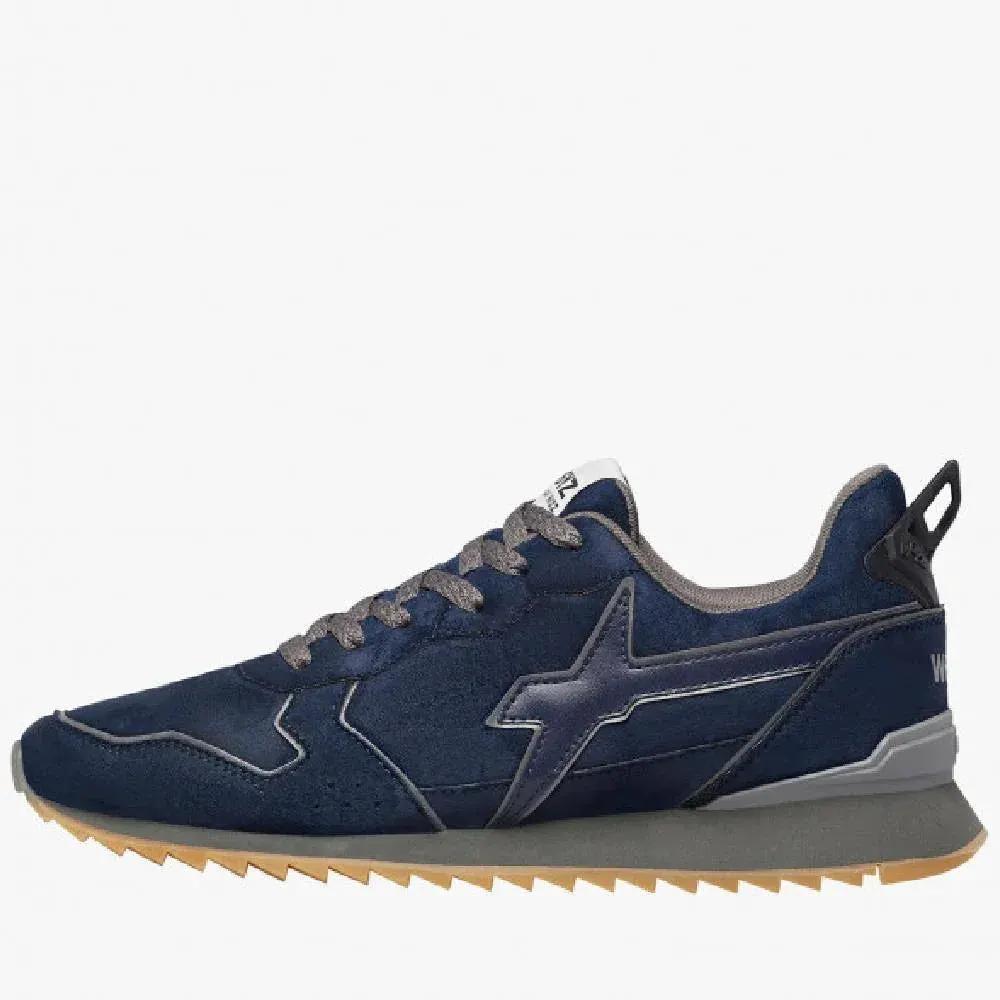 Sneaker uomo blu navy e antracite, suola dentata beige, design sportivo moderno