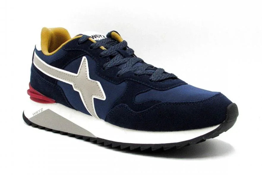 Sneaker uomo blu navy e beige con logo laterale, dettagli rossi e suola bianca dentata