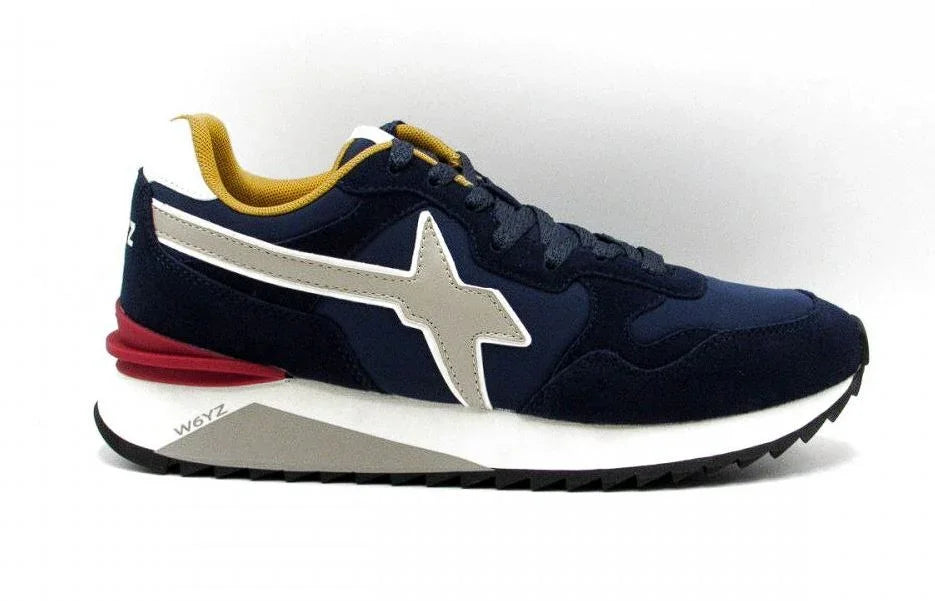 Sneaker uomo navy e beige con suola bianca e dettagli rossi, design sportivo moderno