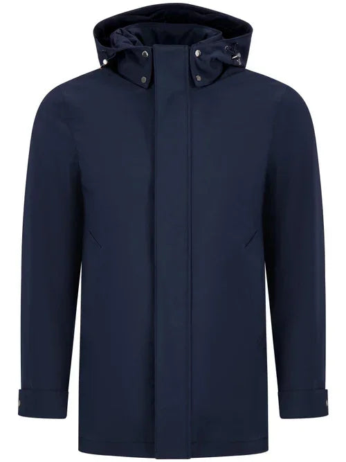 Trench uomo blu con cappuccio staccabile in soft shell, giacca elegante primaverile
