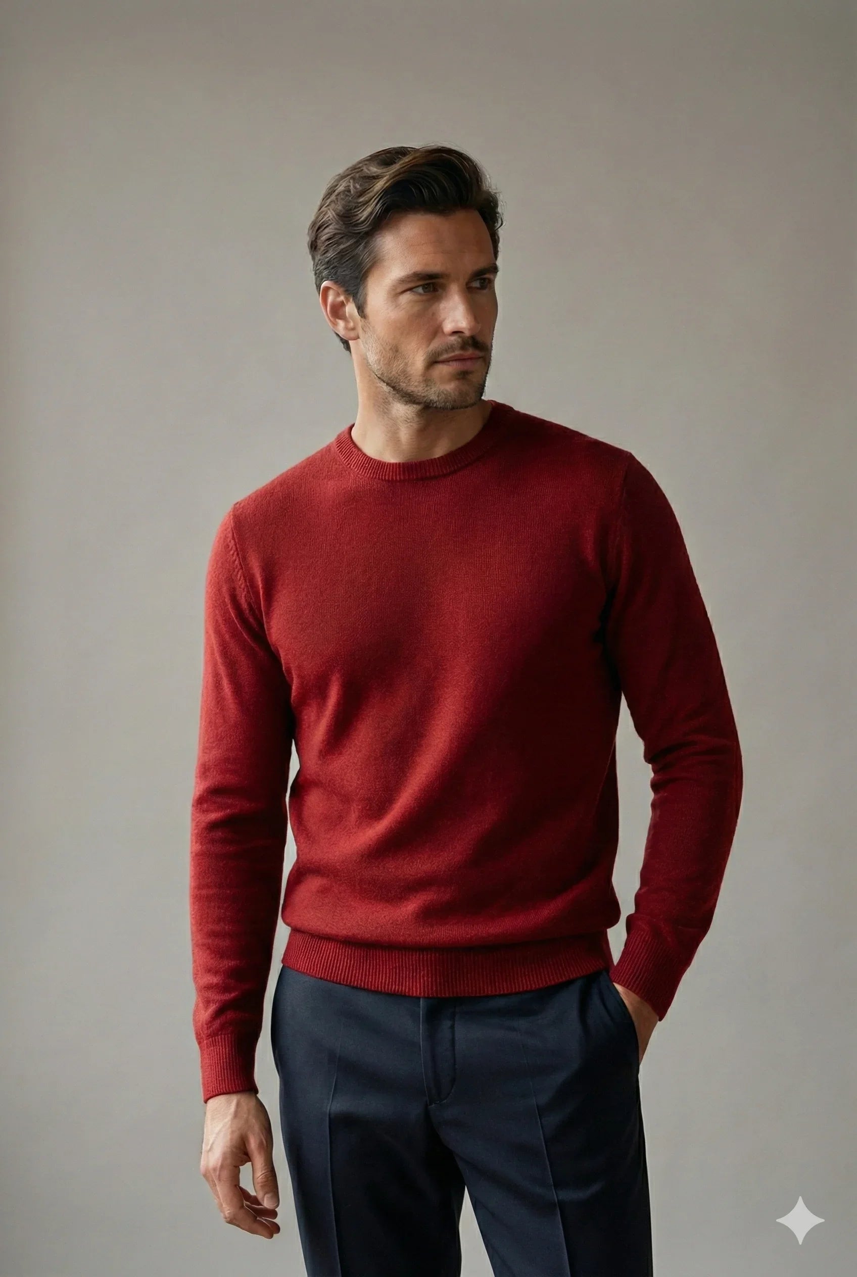 Maglione uomo rosso scuro in lana girocollo, abbigliamento elegante autunno inverno