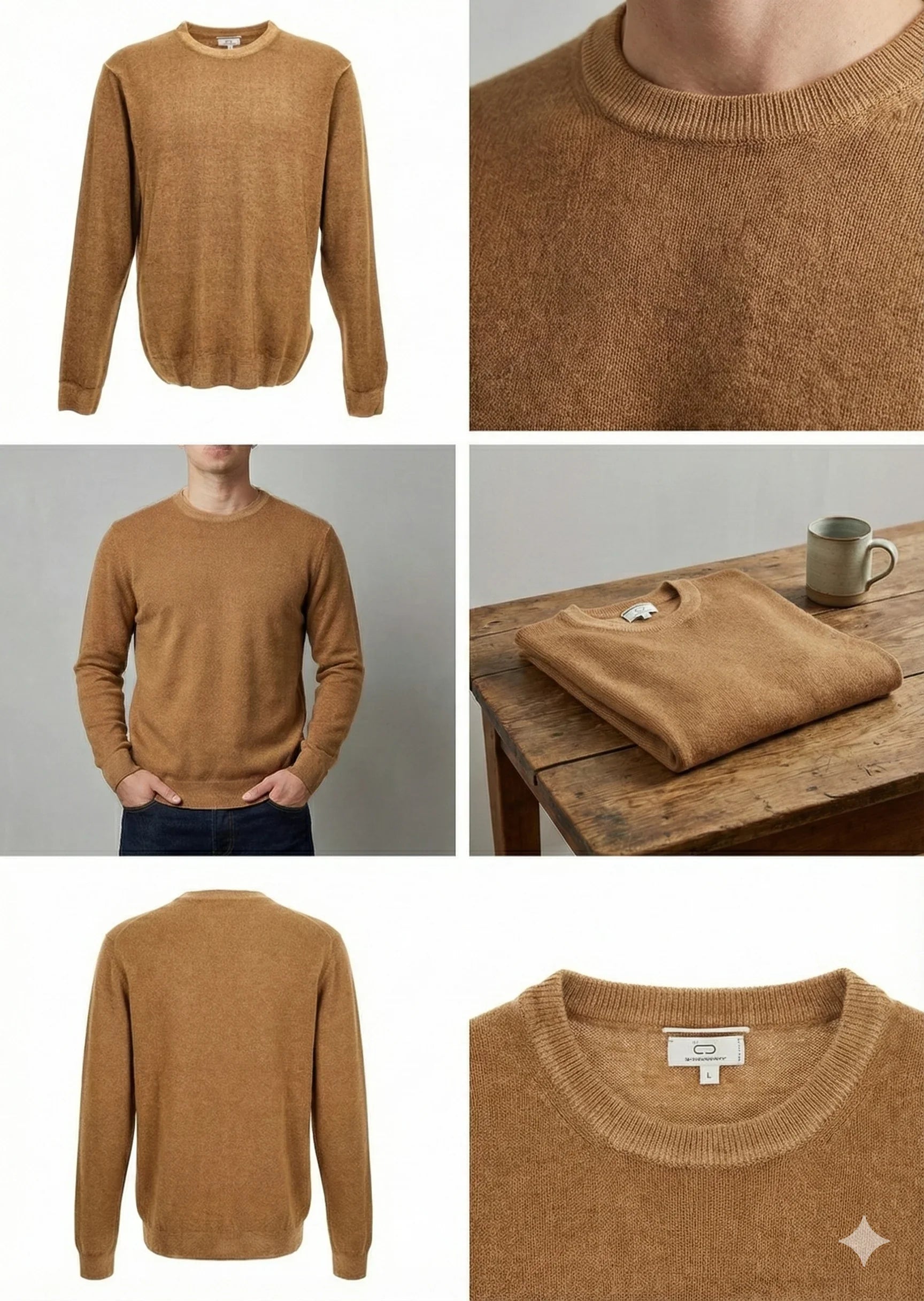 Maglione uomo beige in lana, girocollo, vestibilità classica, stile casual elegante.
