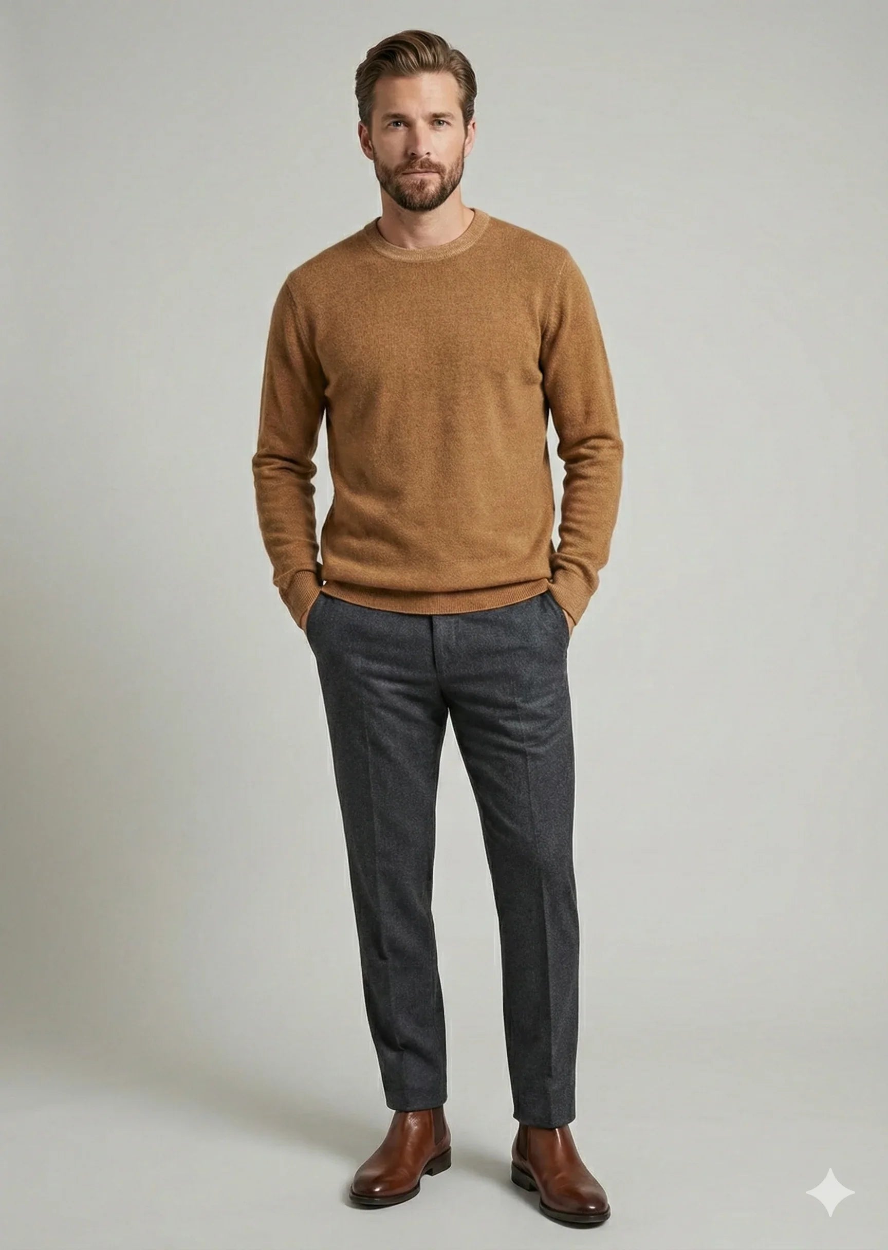 Maglione uomo marrone a girocollo in lana, pantaloni grigi eleganti e stivaletti marroni