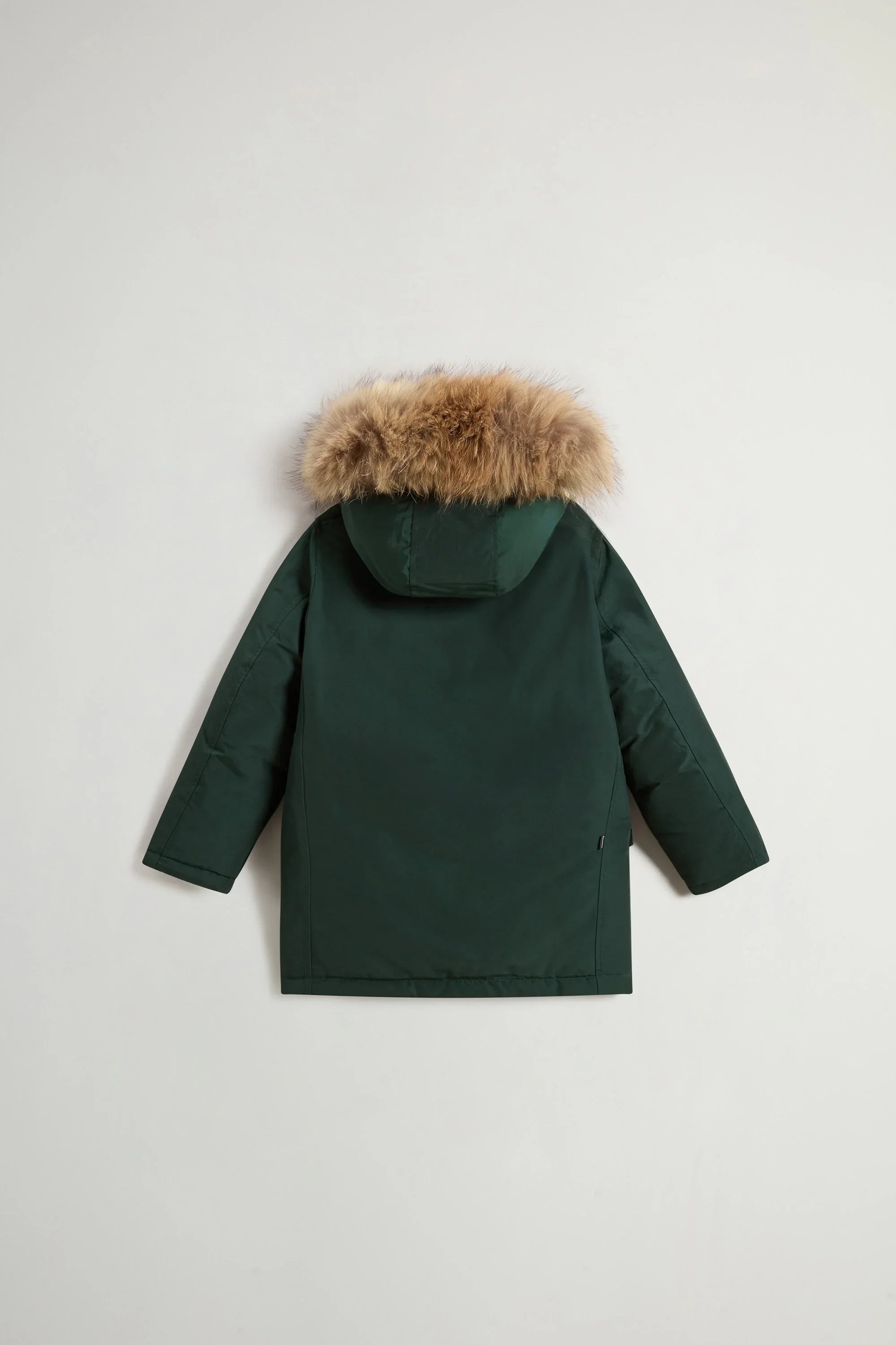 Parka verde bosco con cappuccio e bordo in pelliccia, vista posteriore, uomo inverno