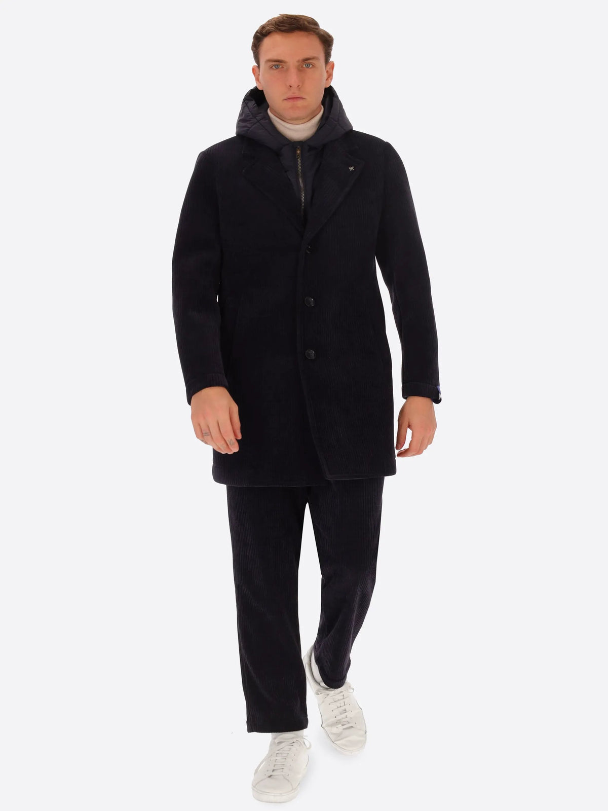 Cappotto DISTRETTO12 Alba CP1316T0499 Blu - Dettaglio interno sfoderato e bretelle elastiche