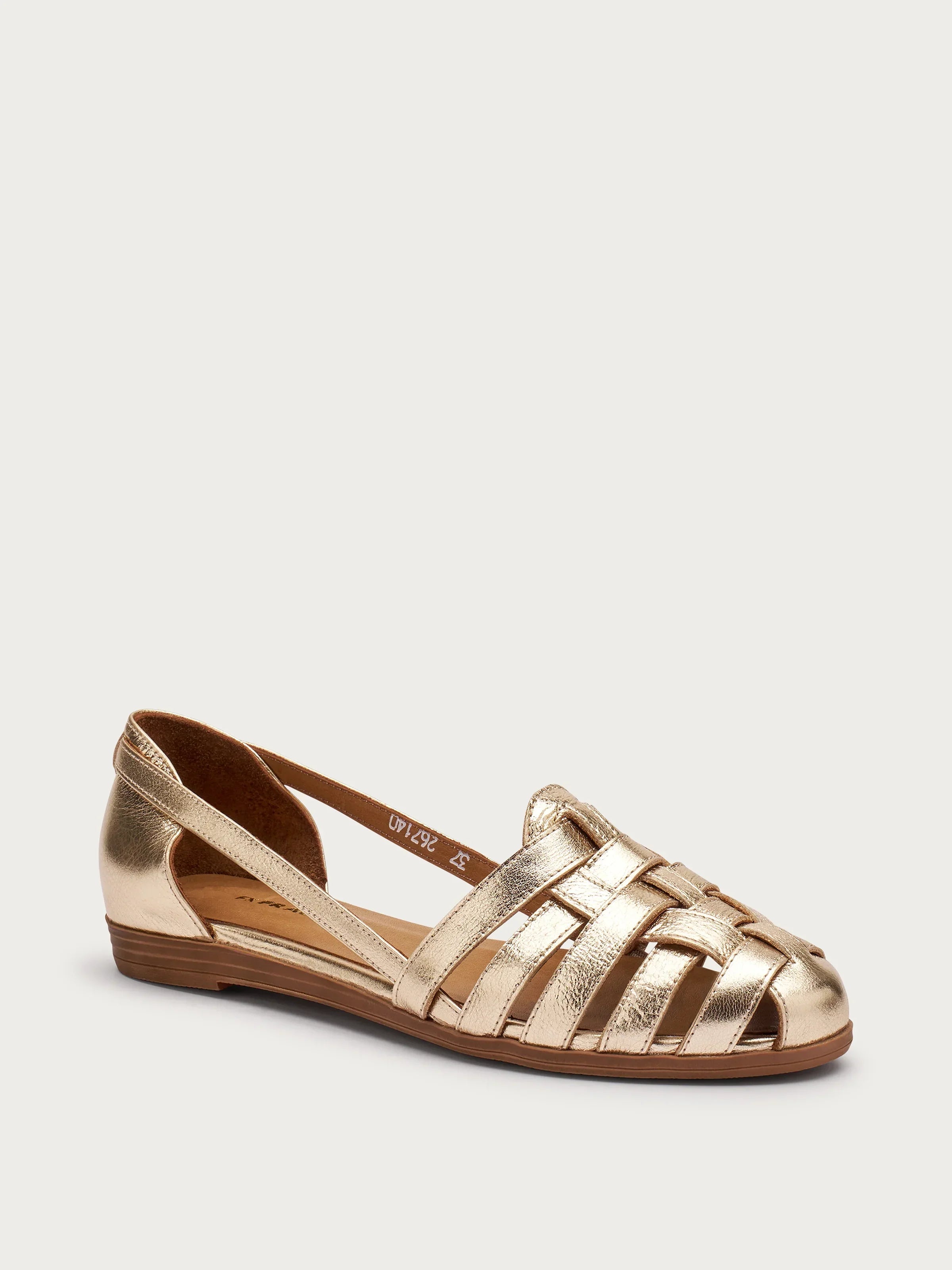 Sandalo donna intrecciato color oro metallizzato, design elegante e tacco basso, moda estiva