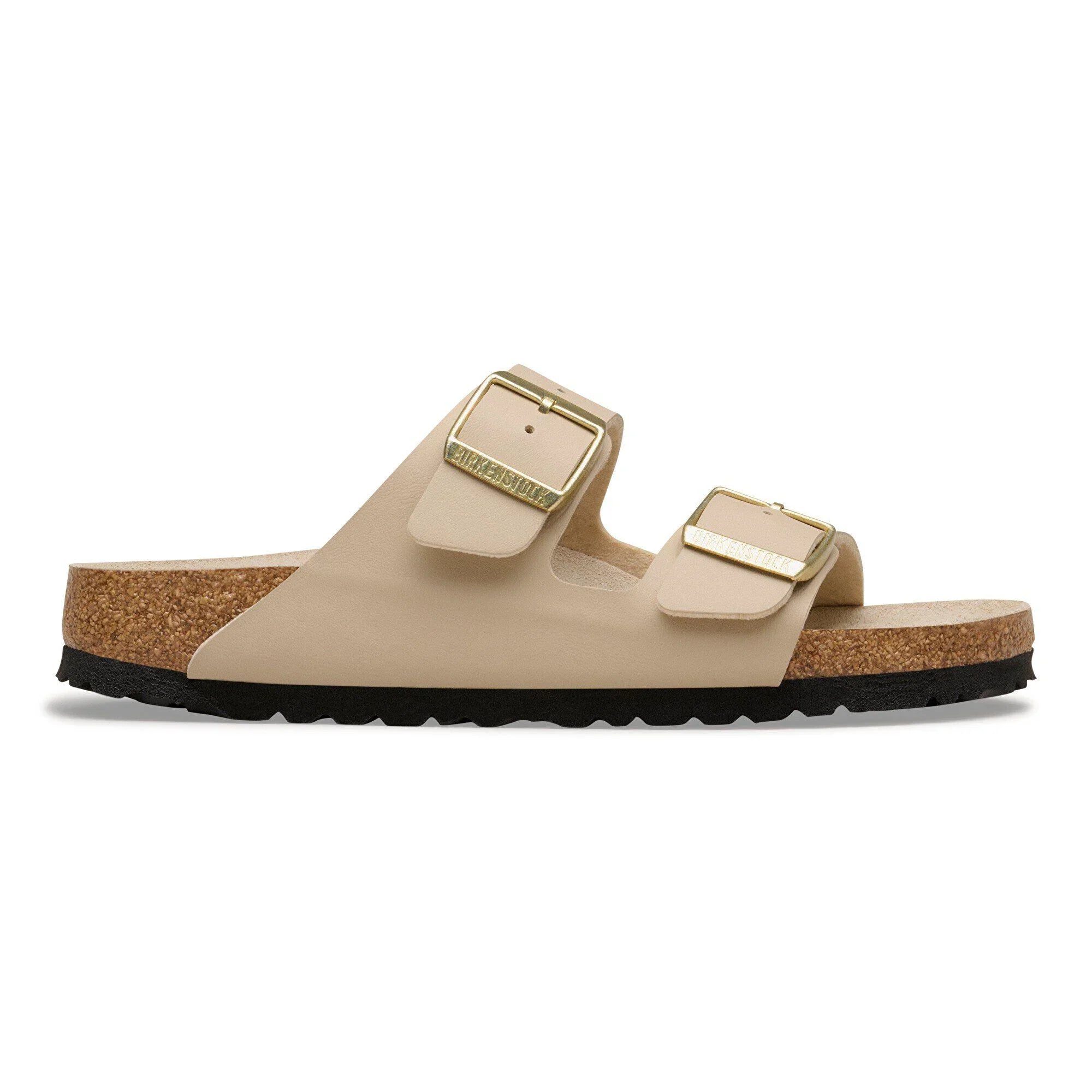 Sandalo beige da donna con doppia fibbia dorata e suola in sughero e gomma nera