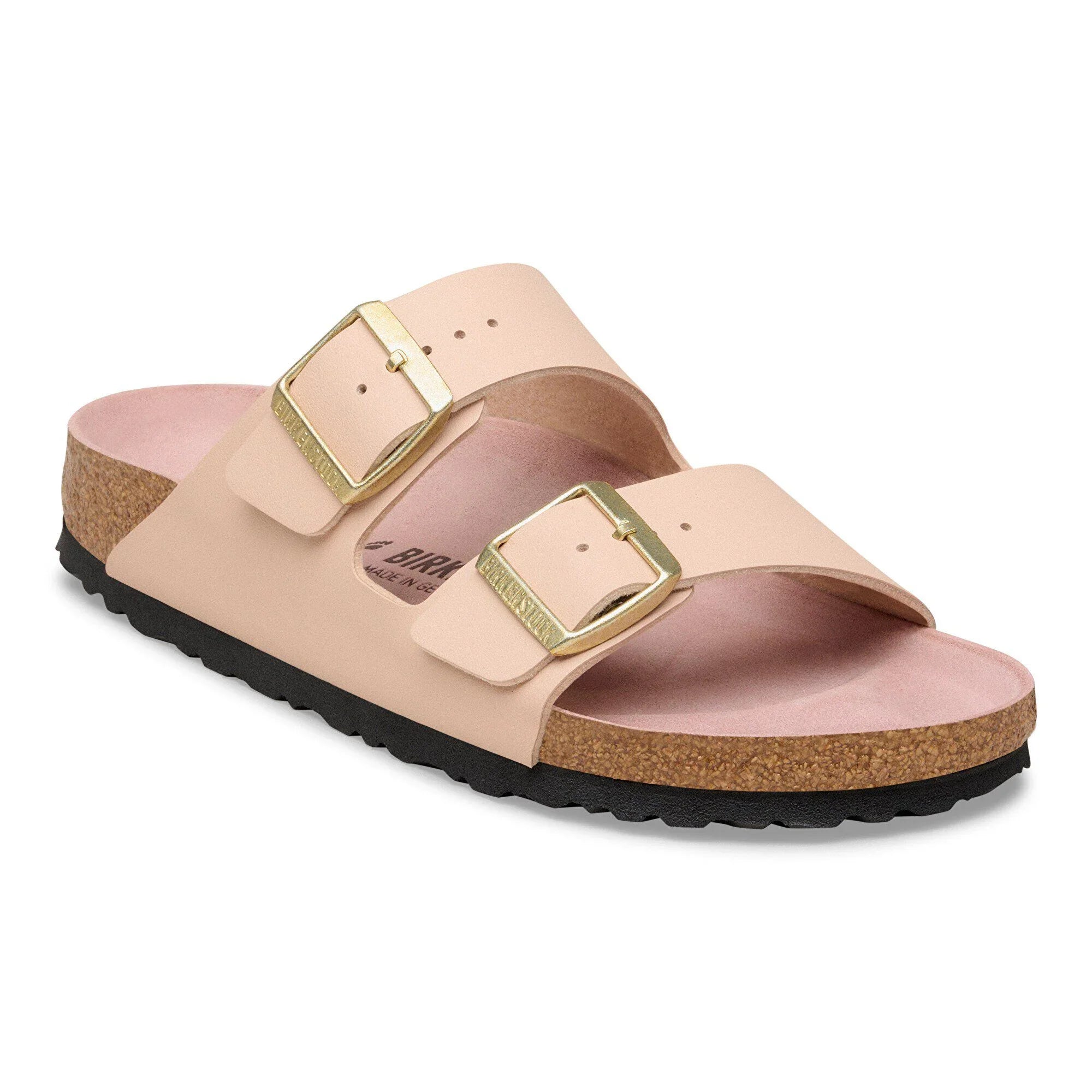 Sandalo donna beige con doppia fibbia dorata, suola in sughero e base ergonomica