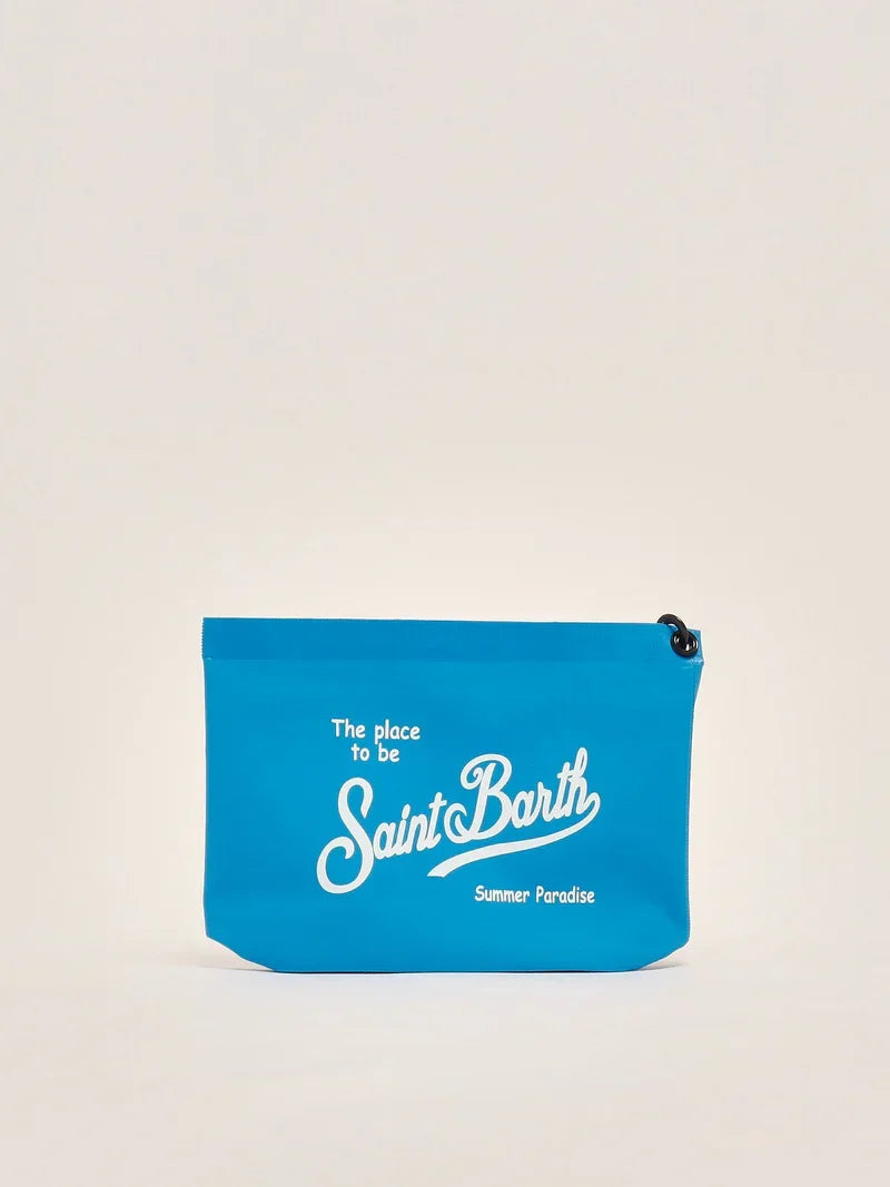Pochette uomo azzurra con scritta Saint Barth, accessorio mare estivo