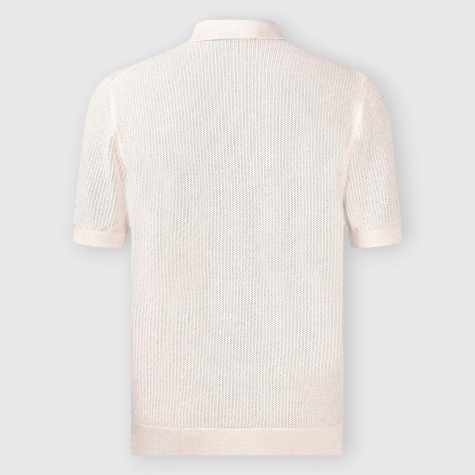 Polo uomo beige manica corta traforata, tessuto leggero, vista posteriore