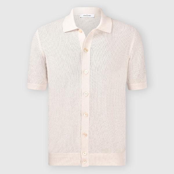 Maglia uomo beige a manica corta con bottoni, collo stile polo, tessuto lavorato, moda estiva