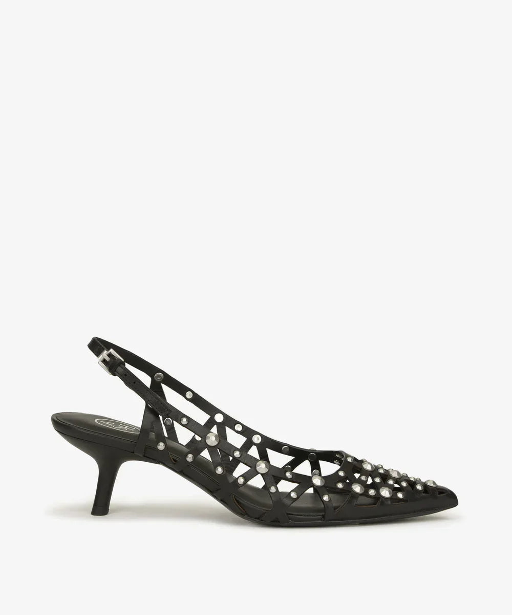 Décolleté slingback nera a rete con borchie, tacco basso, scarpa elegante donna
