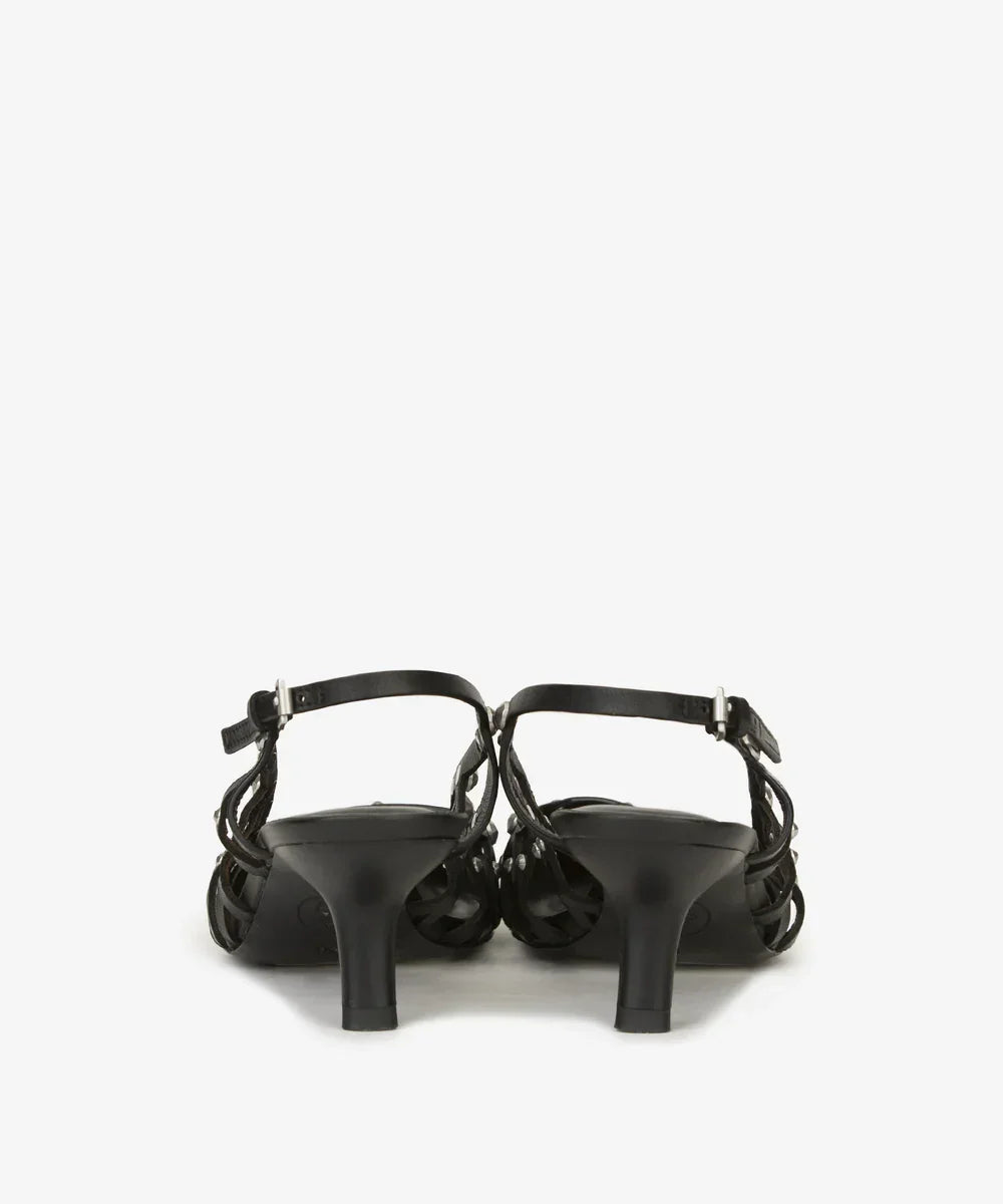 Sandali donna neri con tacco basso, cinturino alla caviglia e design intrecciato, vista posteriore
