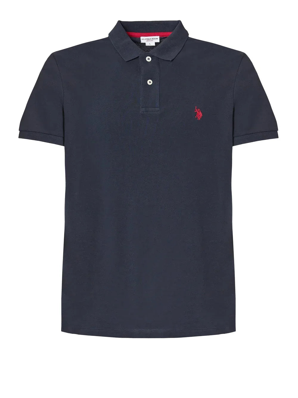 Polo uomo blu navy manica corta con logo ricamato rosso sul petto, stile casual elegante