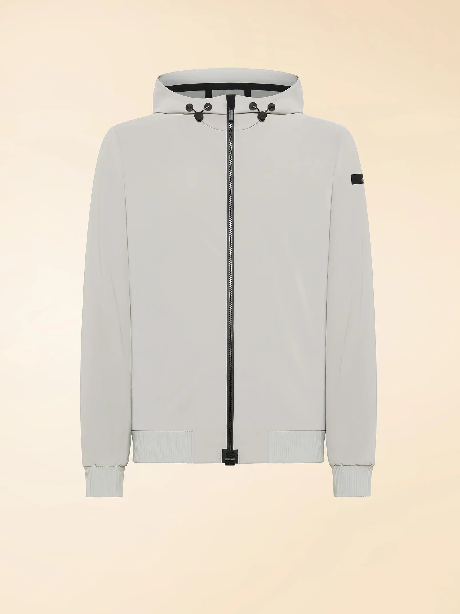 Giacca uomo bianca con cappuccio, zip nera, design minimal, moda e abbigliamento uomo