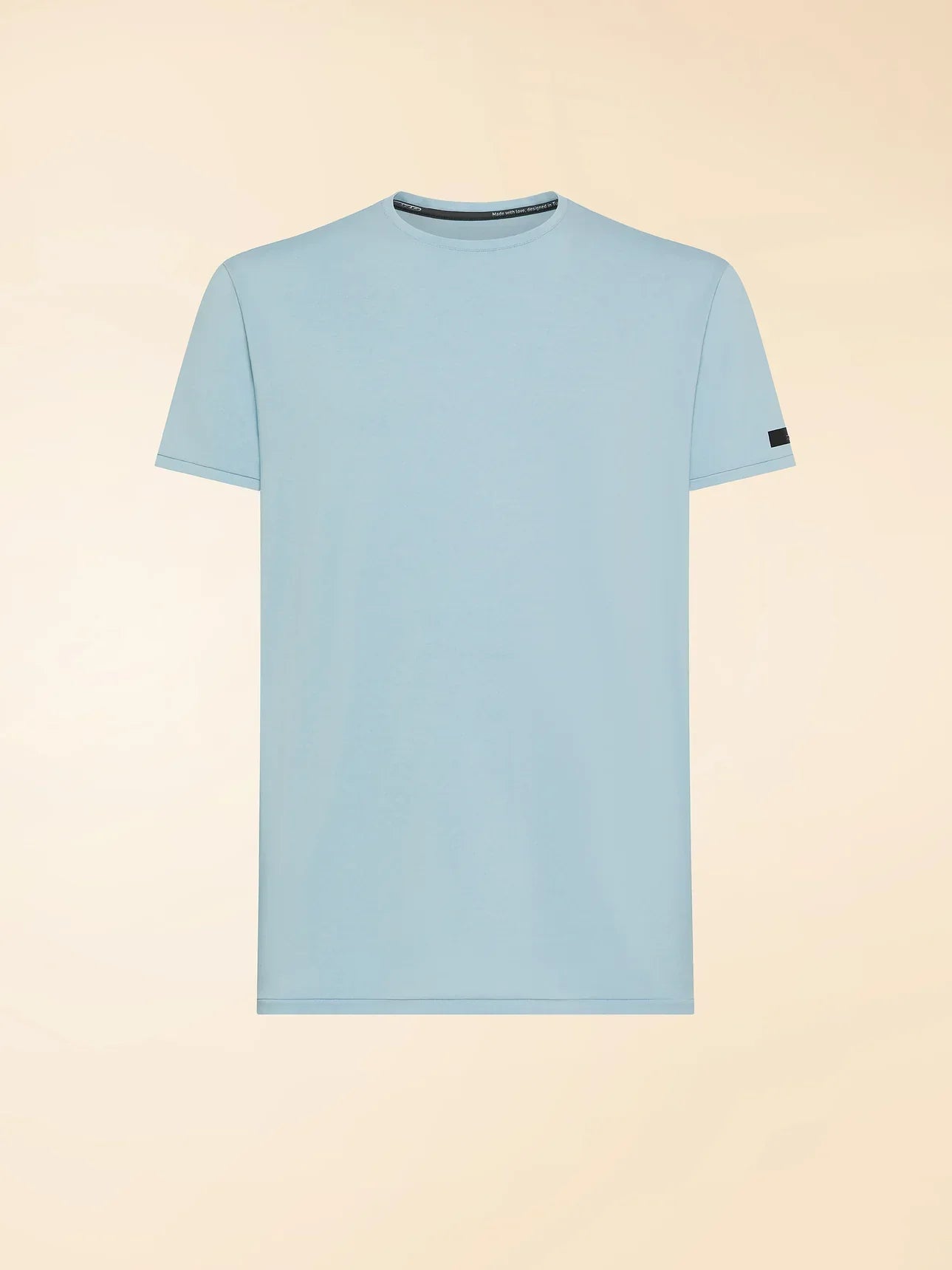 T-shirt uomo celeste, manica corta, girocollo, dettaglio minimal, stile casual elegante