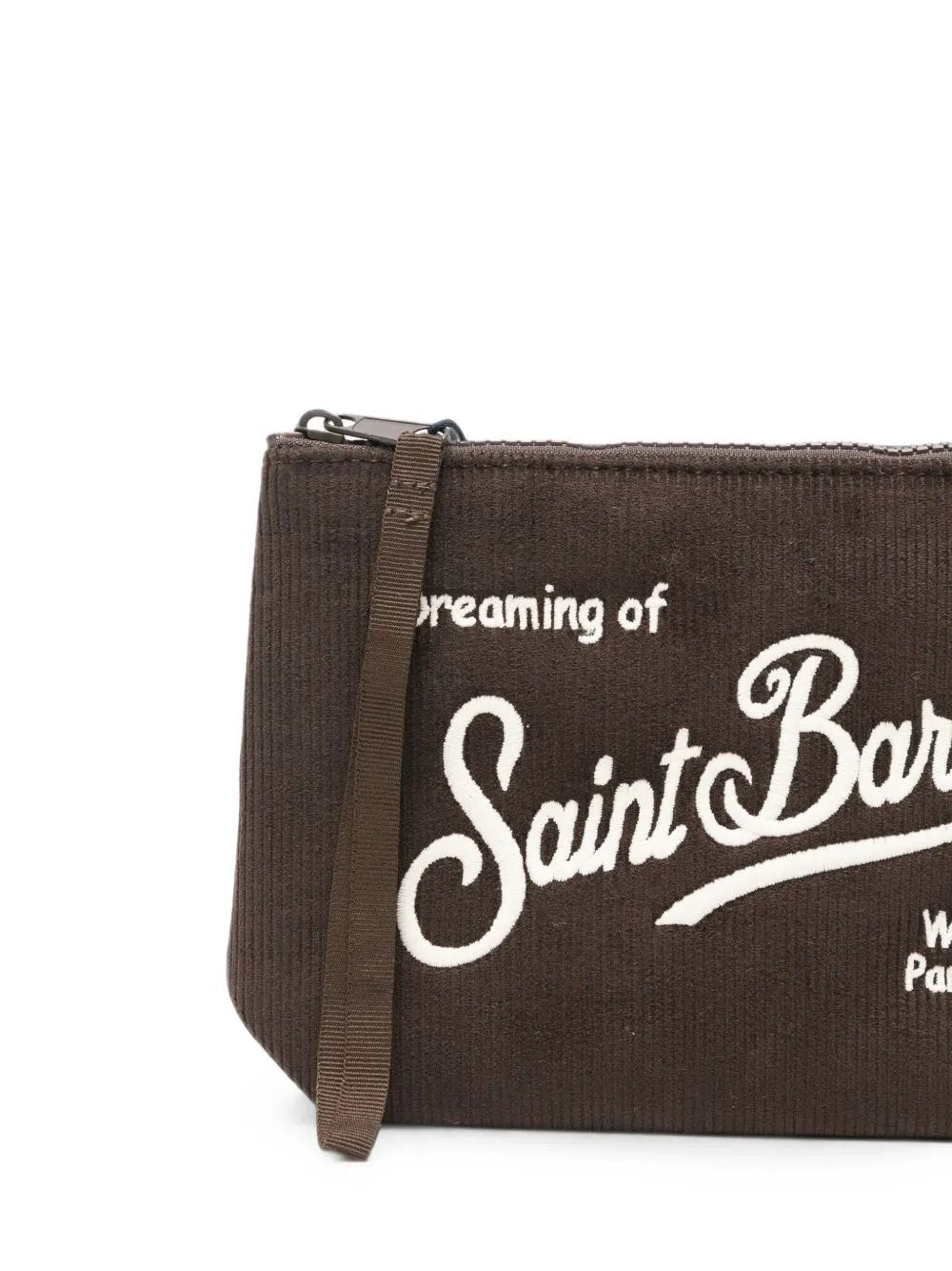 Pochette MC2 Saint Barth Aline Corduroy S Marrone - Dettaglio laccetto da polso e chiusura zip