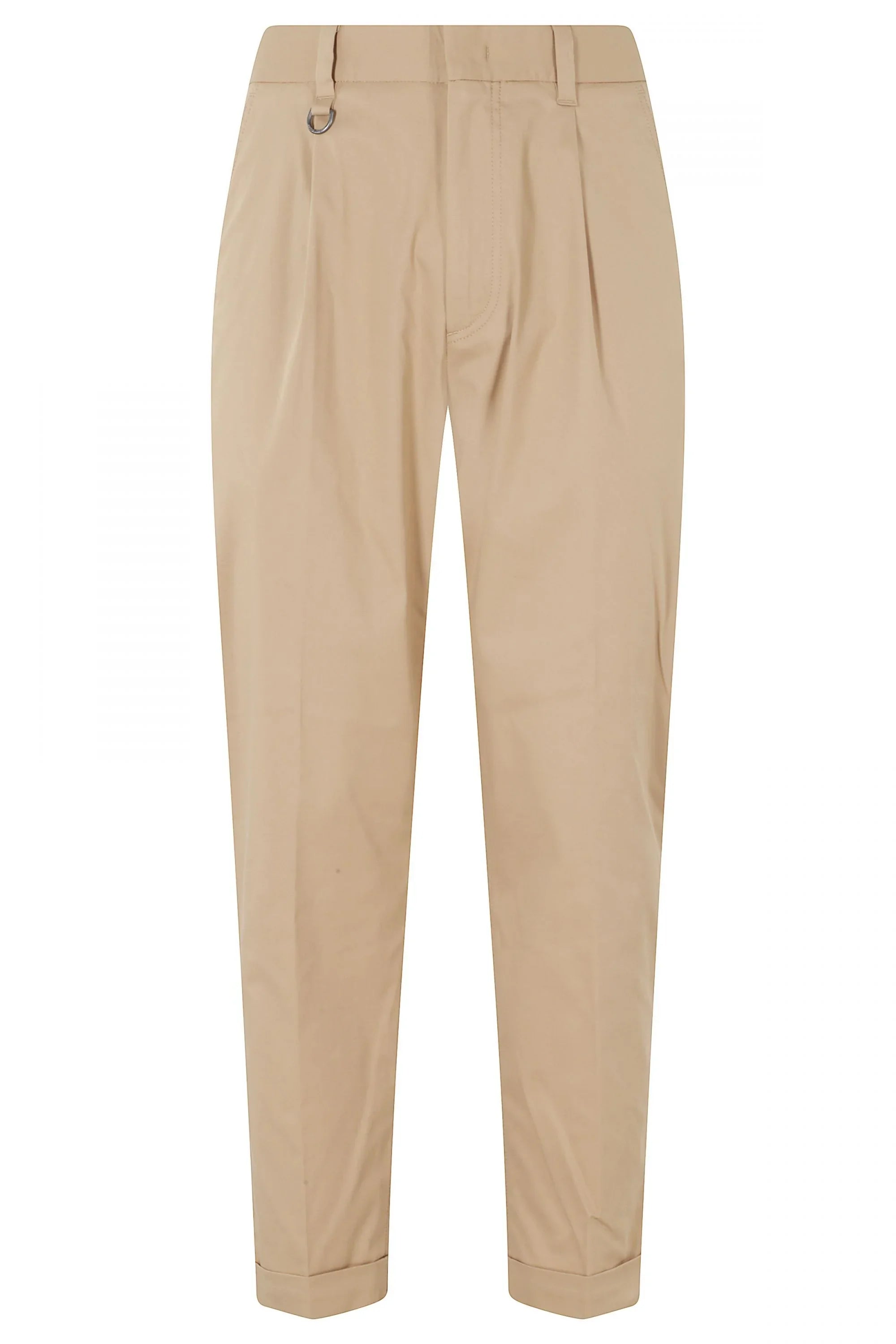 Pantaloni chino beige uomo, vita alta con pinces e anello decorativo, stile elegante casual