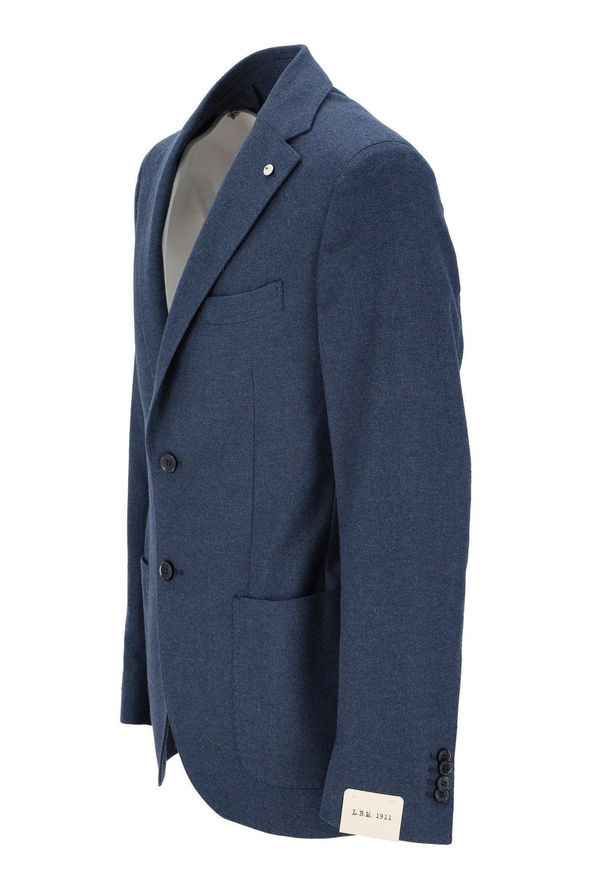 Giacca uomo blu elegante con tasche applicate e bottoni, stile classico sartoriale