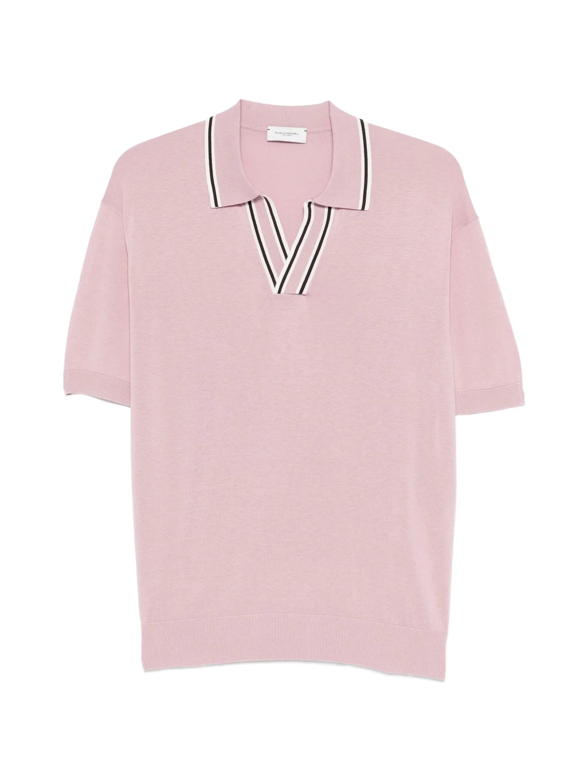 Maglia polo rosa da uomo con colletto a righe bianche e nere, maniche corte, stile casual elegante.
