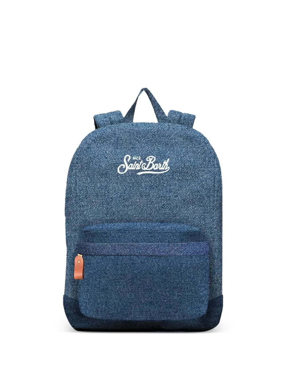 Zaino uomo in tessuto jeans blu con logo bianco e tasca frontale, stile casual moda