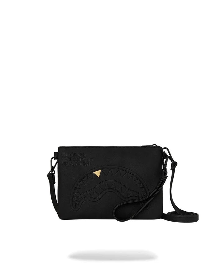 SPRAYGROUND B9327  CLUTCH BLACKED OUT EMBOSSED GOLD TOOTH CROSSOVER