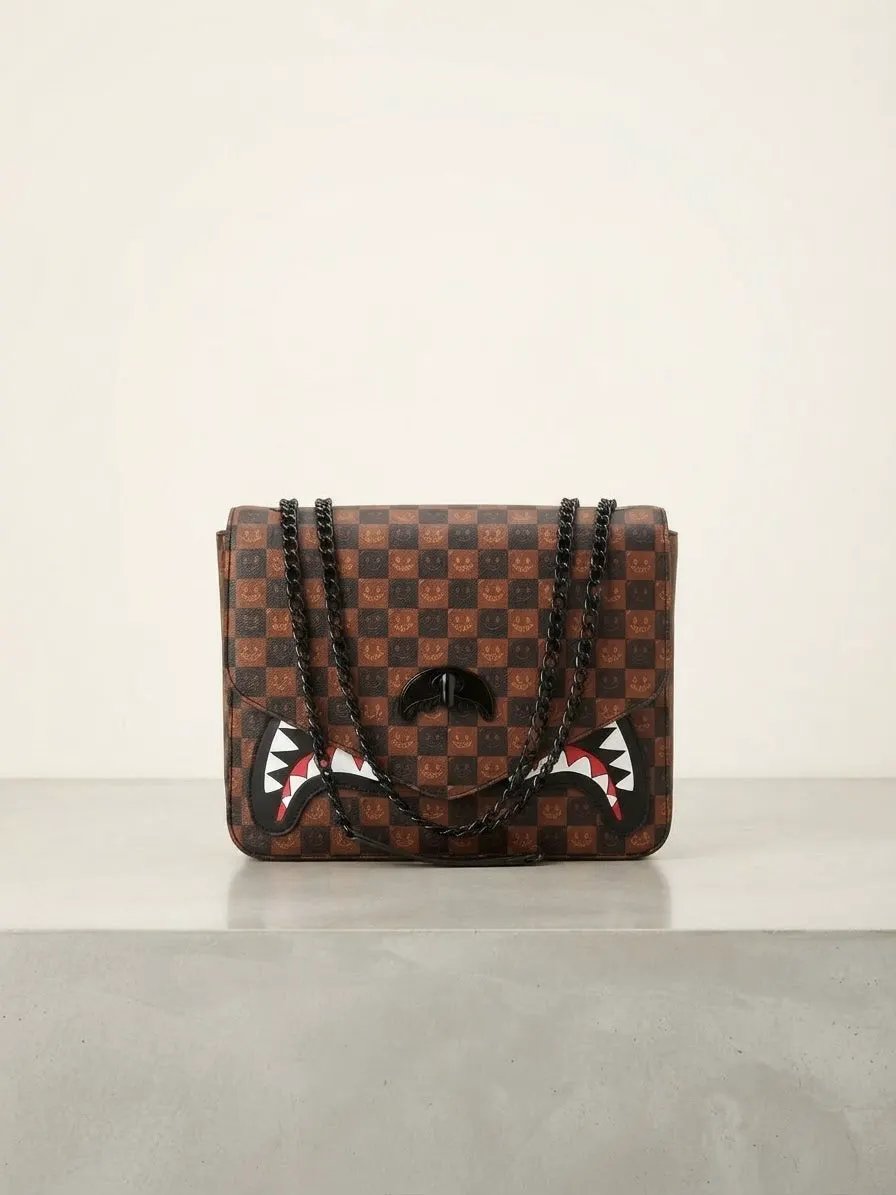 Borsa Sprayground B9310 Sharks in Paris WTF Bubble Brown Check Handbag - Vista laterale e dettagli