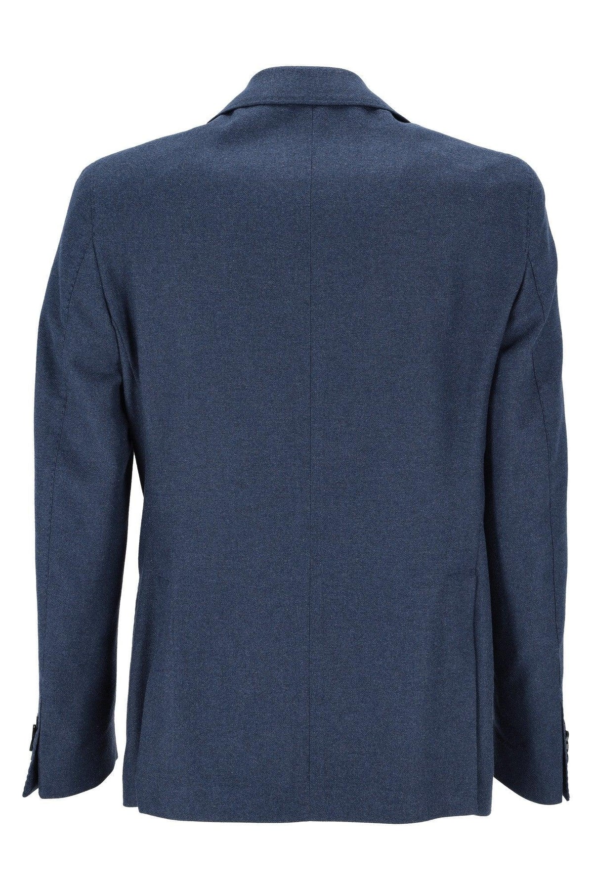 Giacca uomo elegante blu scuro in tessuto, vista posteriore, abbigliamento formale