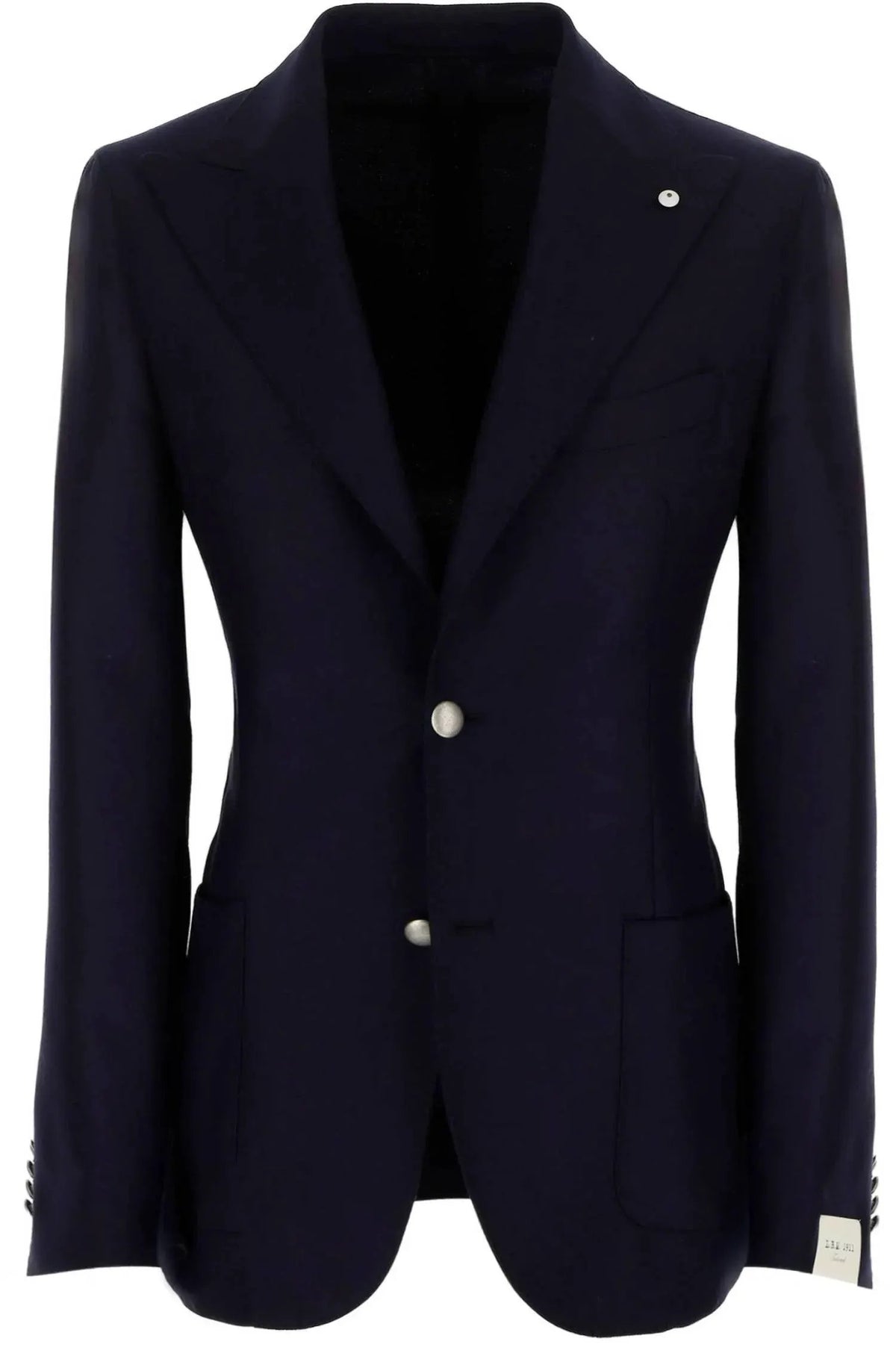 Giacca uomo elegante blu scuro con bottoni chiari, stile classico sartoriale