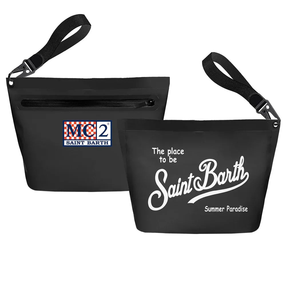 Pochette impermeabile nera MC2 Saint Barth con scritta bianca e cinturino da polso.