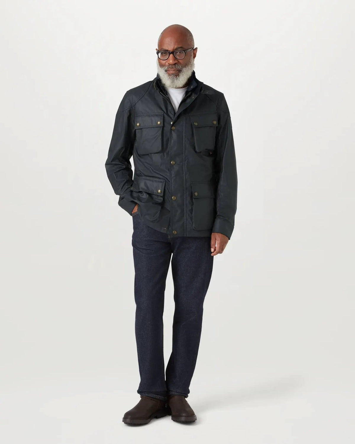 Dettaglio chiusura zip bidirezionale e bottoni a pressione metallici Belstaff Fieldmaster