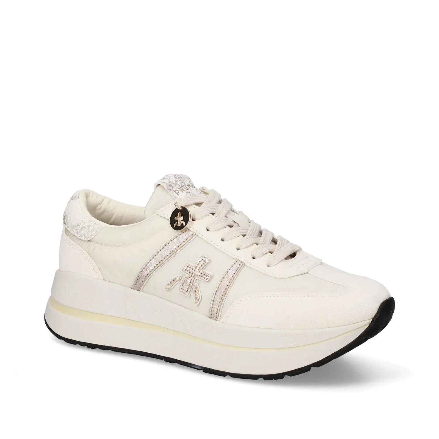 Sneaker donna beige con suola alta, logo laterale ricamato e dettagli in pelle effetto pitone