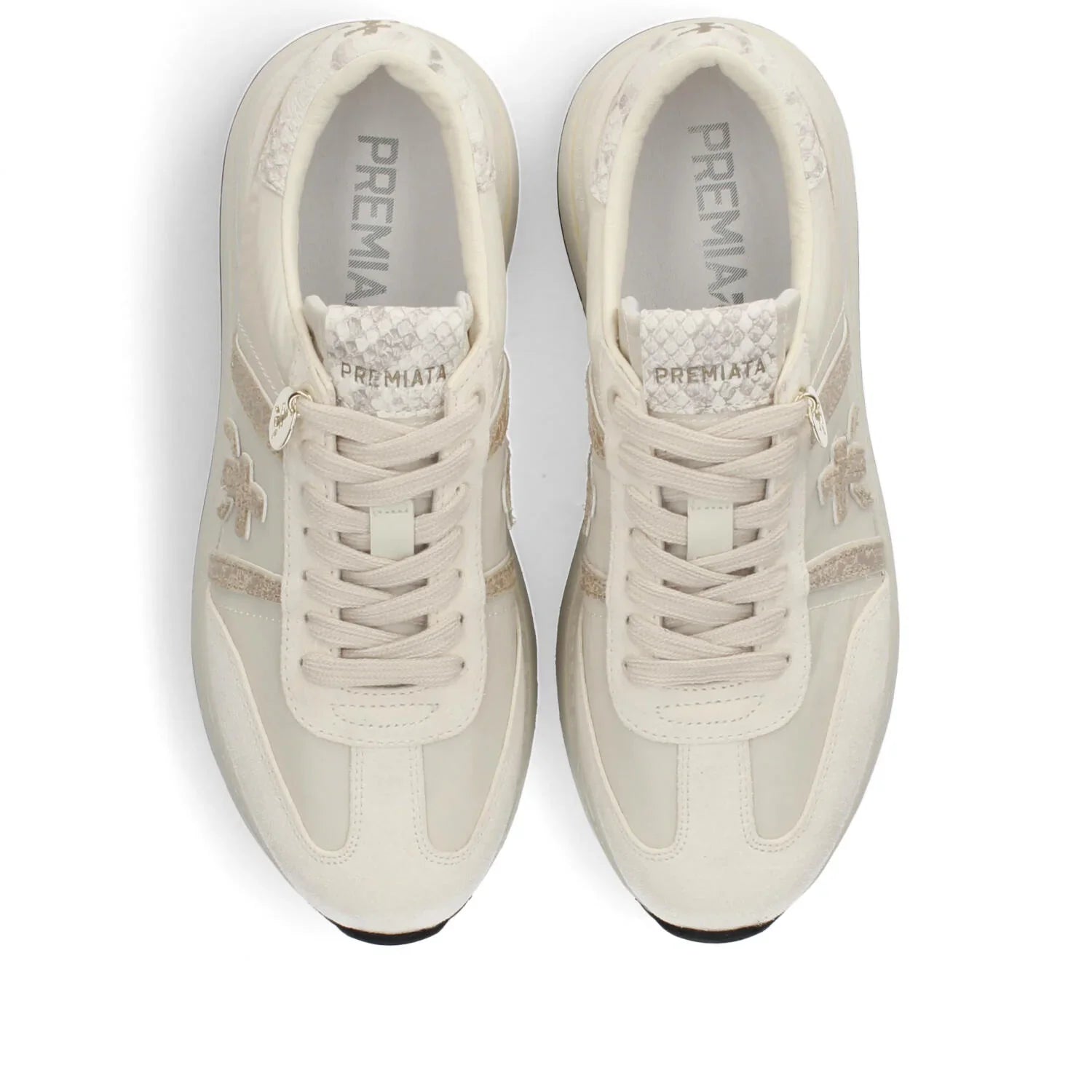 Sneakers donna beige in pelle e tessuto, logo laterale, lacci, vista dall'alto