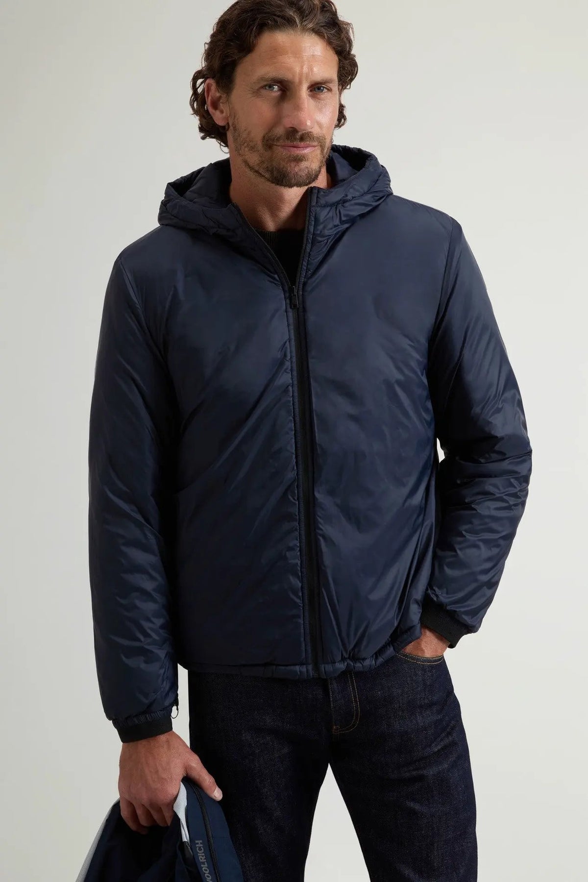 Giacca Woolrich Crestmont 3 in 1 Melton Blue - Vista posteriore con cappuccio