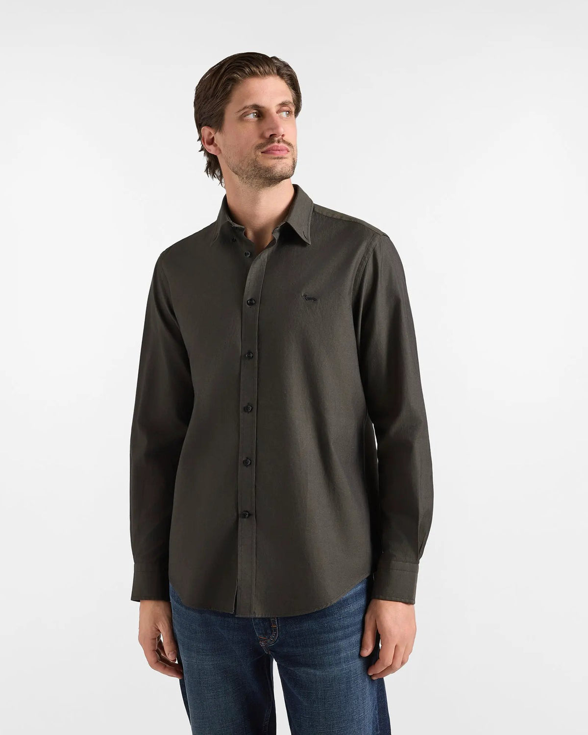 Camicia Oxford da uomo regular fit verde scuro tinto filo, VERDE, immagine principale