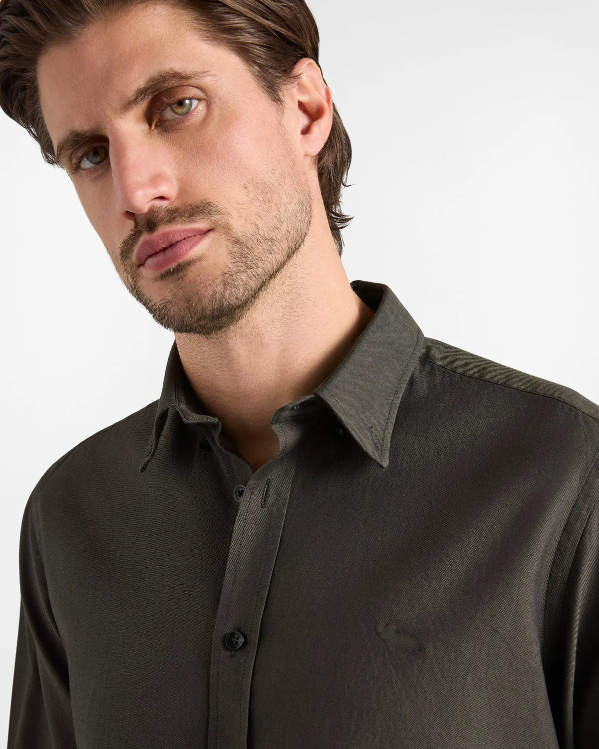 Camicia Oxford da uomo regular fit verde scuro tinto filo, VERDE, vista laterale