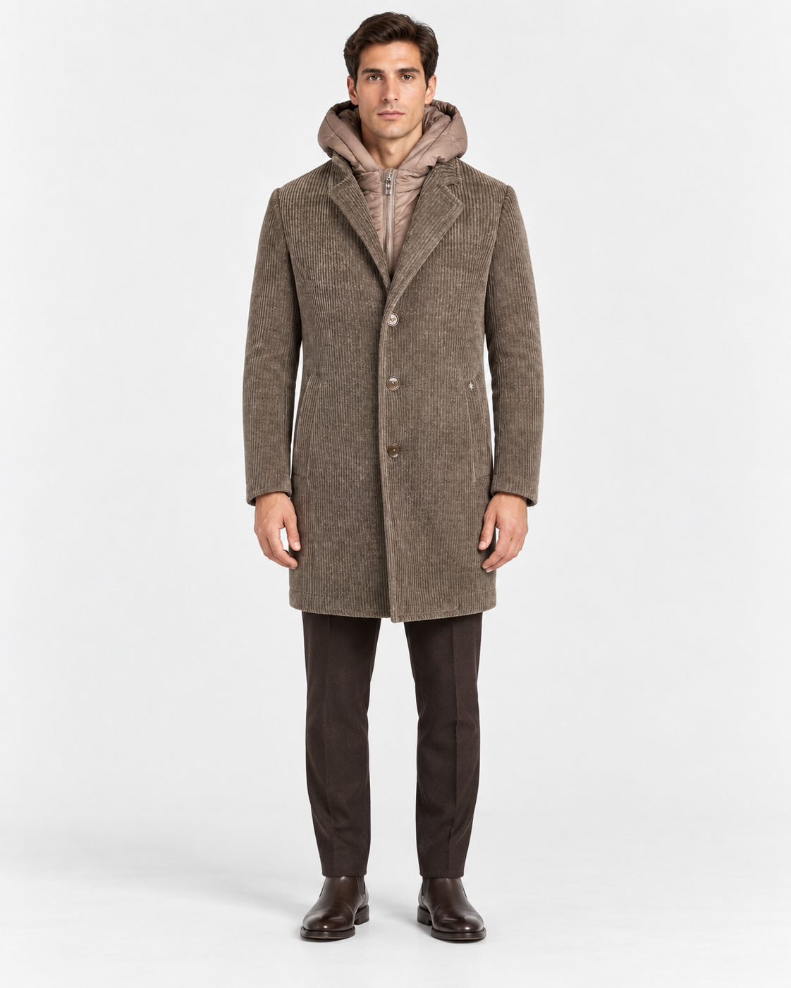 Cappotto DISTRETTO12 Alba CP1316T0499 Brown Moro - Vista frontale con pettorina e cappuccio