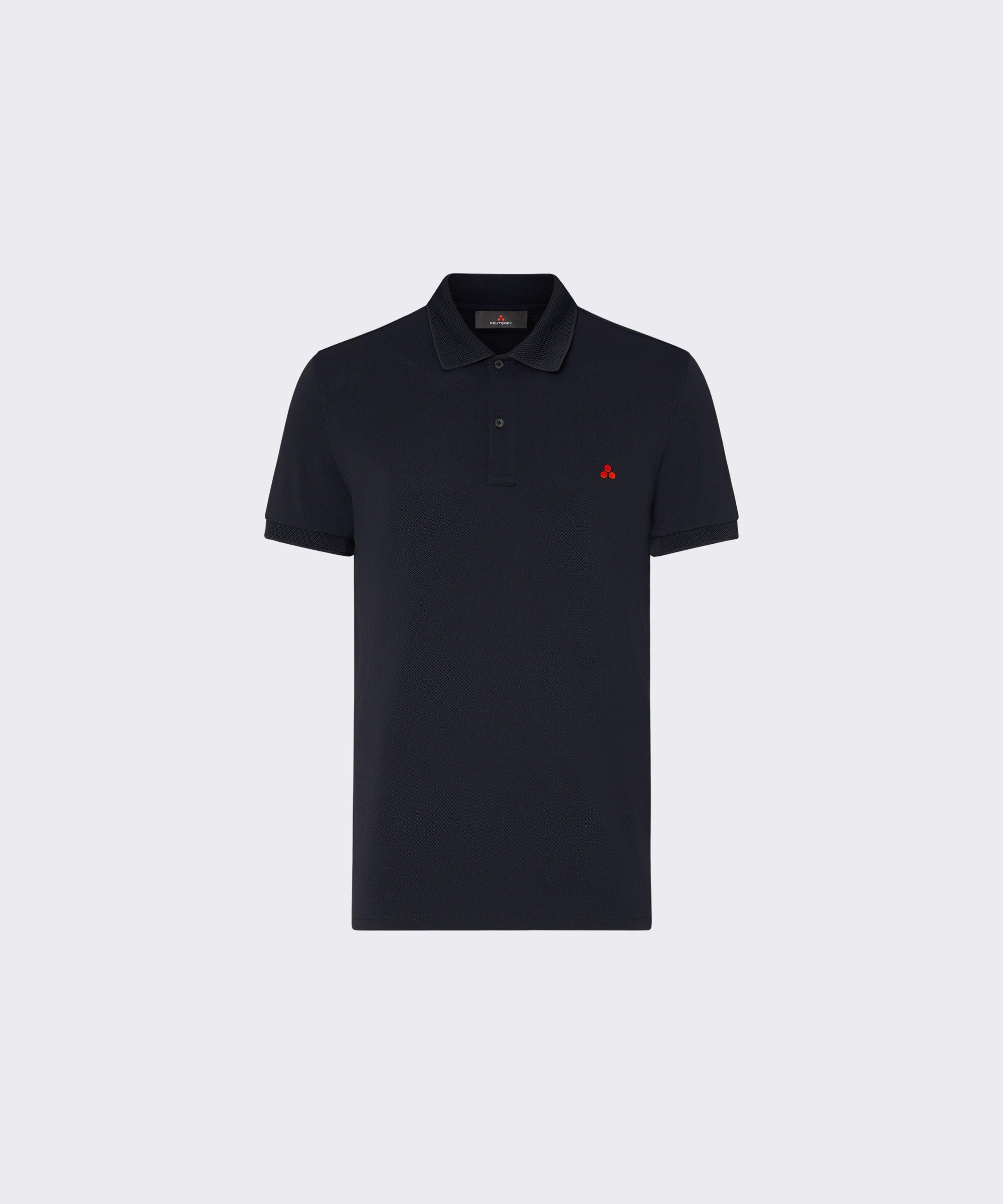 Polo uomo nera a maniche corte con logo rosso, moda casual elegante.