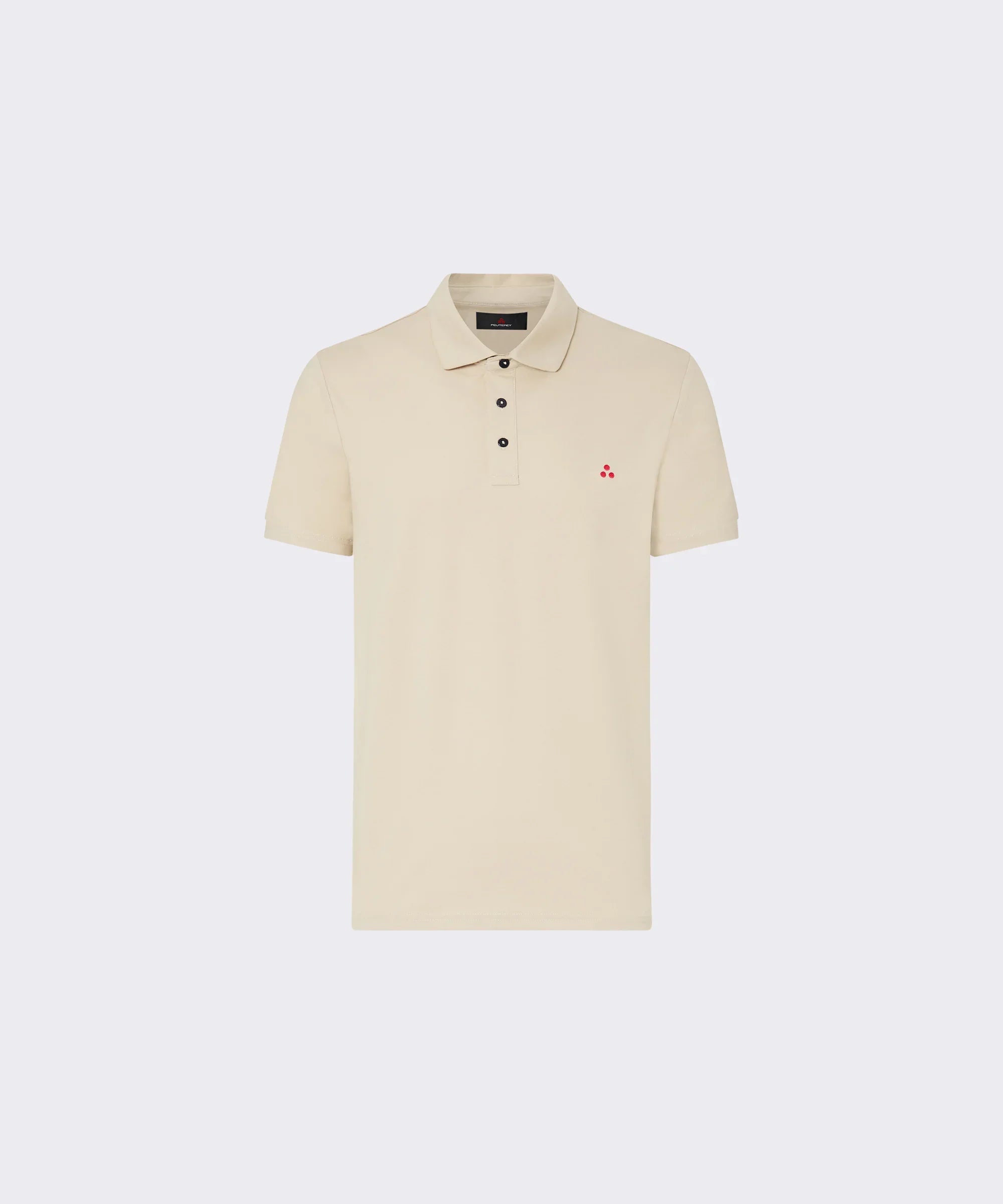 Polo uomo beige a maniche corte con bottoni neri e logo rosso sul petto, stile casual elegante