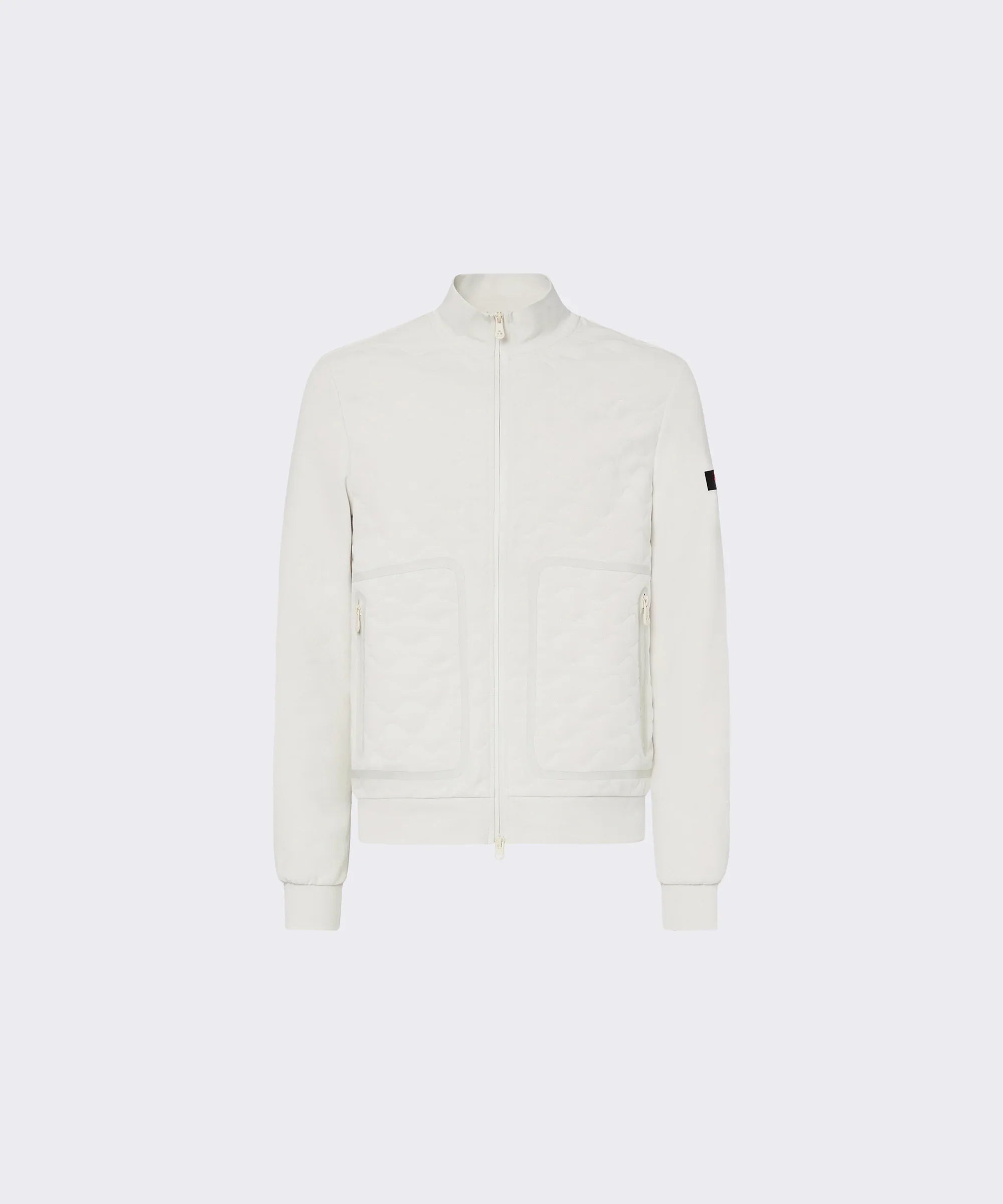 Giubbotto uomo bianco con zip, tasche frontali e collo alto, stile moderno elegante